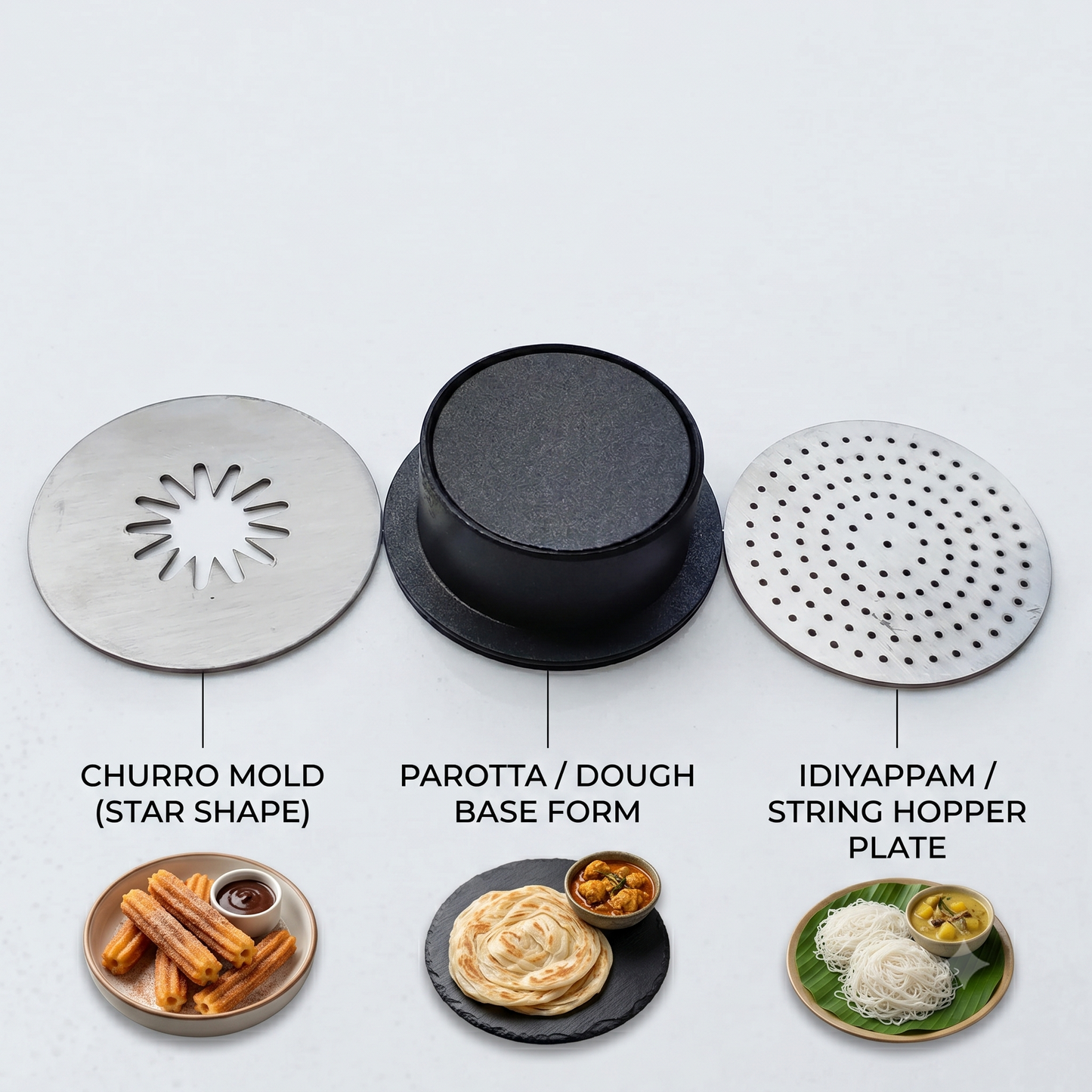 Parotta and Interchangeable Discs for Idiyappam, Murukku, Churros and more